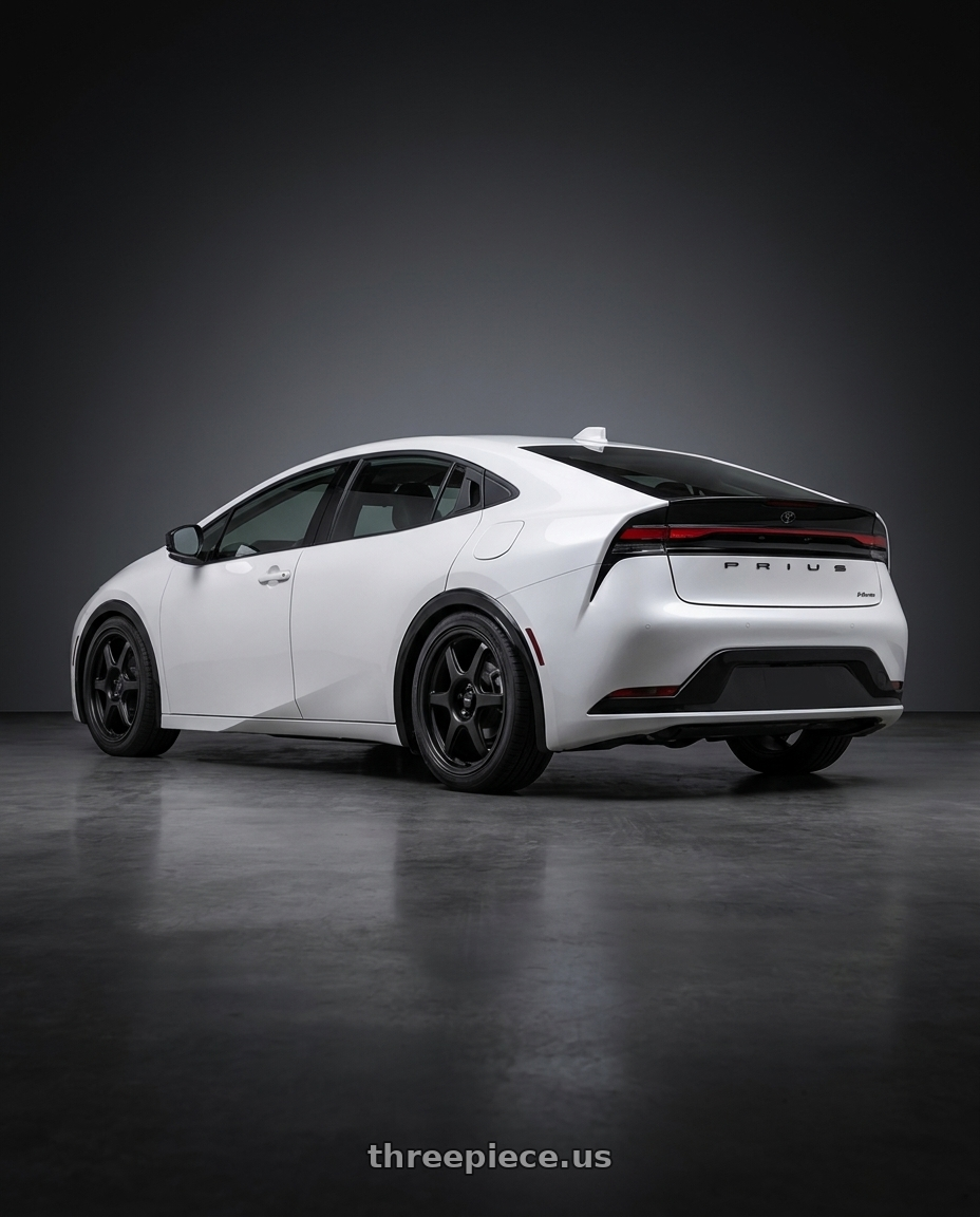 2024 Toyota Prius with Konig Hexaform 5x114.3 17x8+38 Matte Black wheels rear three quarter view square tires