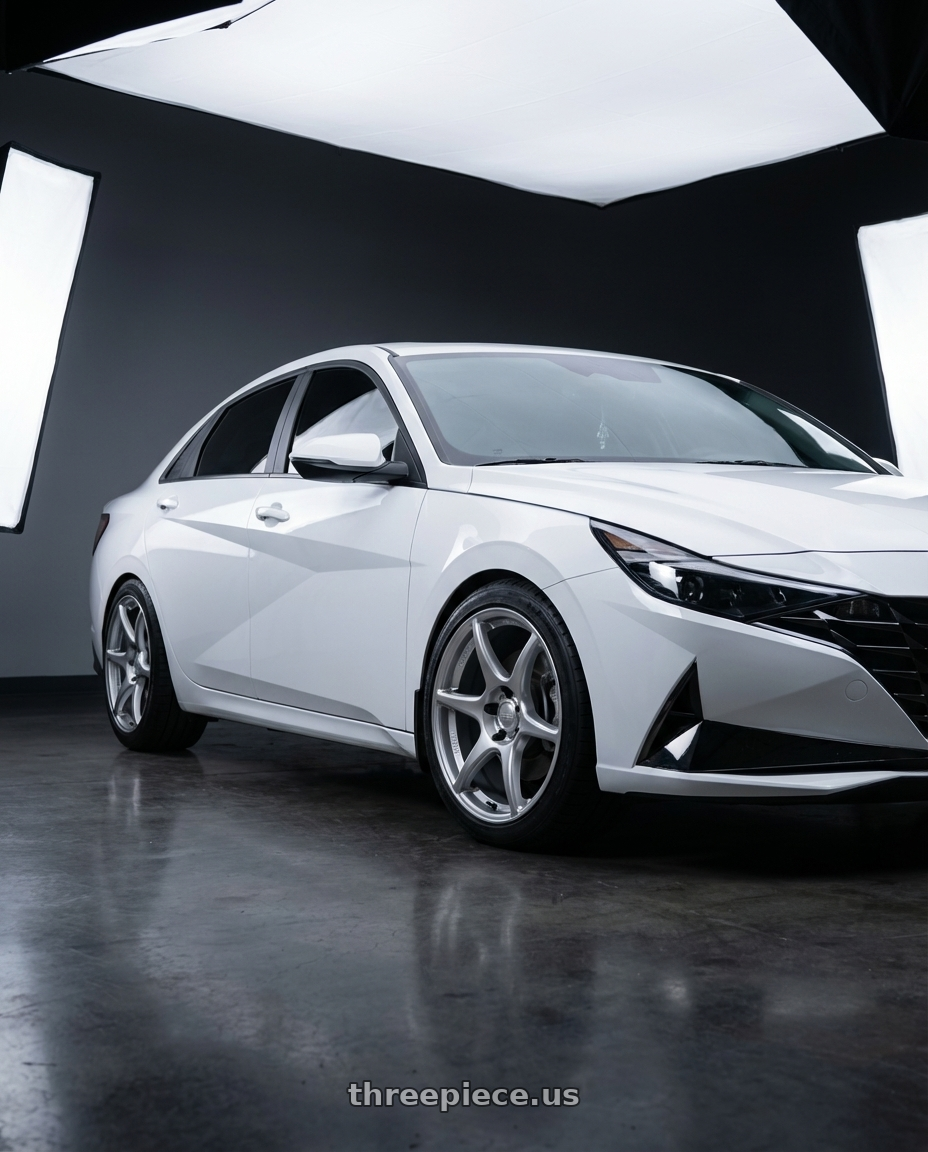 2024 Hyundai Elantra N with Kansei K11S Tandem 5x114.3 19x9.5 12 Hyper Silver wheels front three quarter view lowered stance