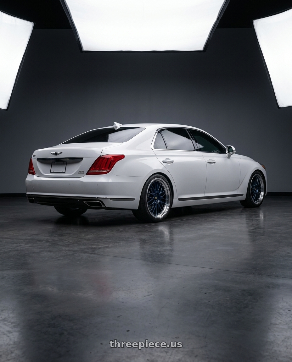 2018 genesis g90 ultimate with BBS LM 5x112 20x10 +22 Navy Blue / Diamond Cut Lip wheels rear three quarter view square tires