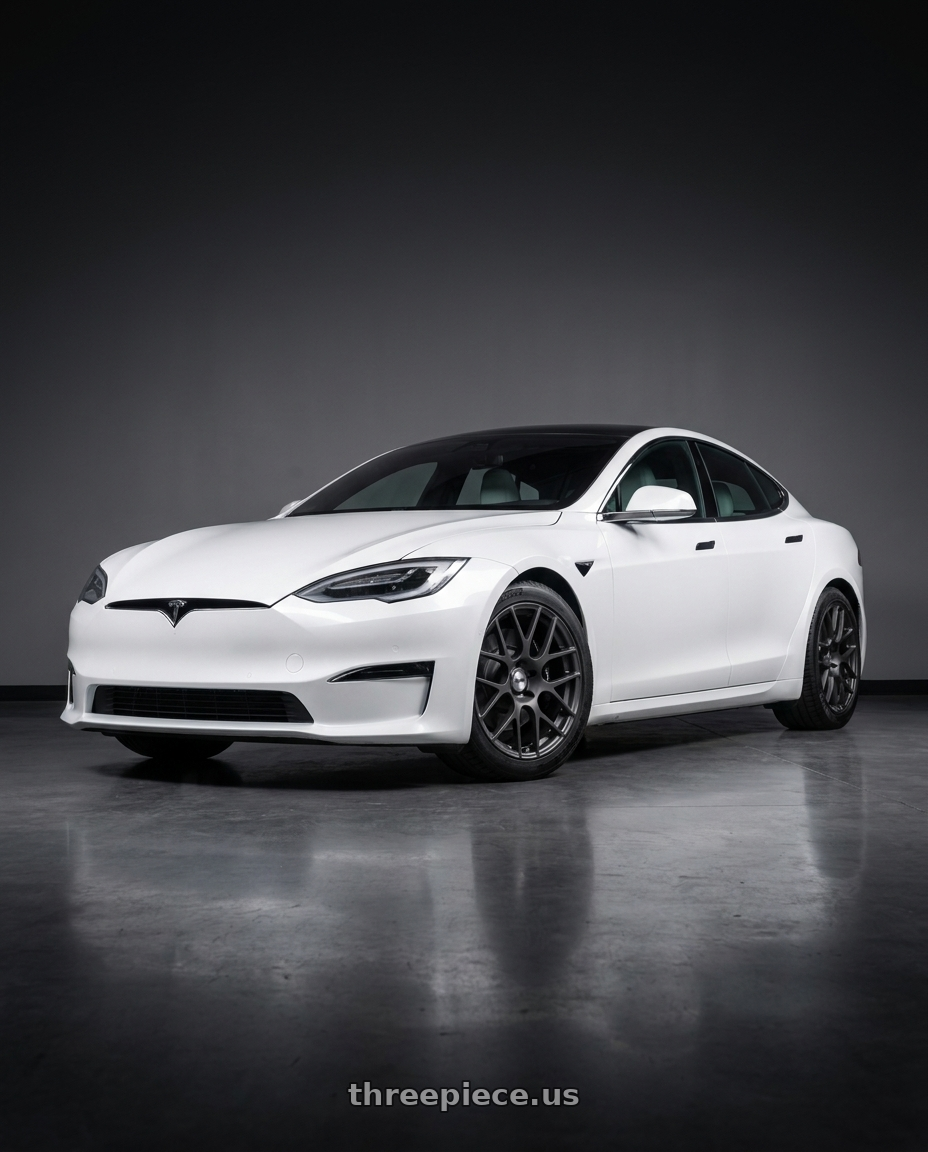 2022 tesla plaid white with TSW NURBURGRING 5X120 19X9.5 +41 MATTE GUNMETAL wheels