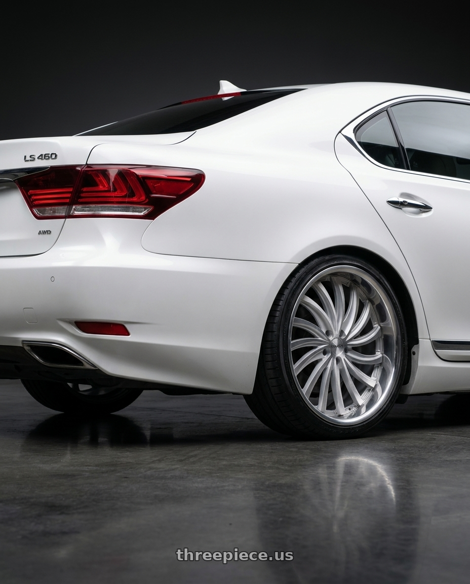 2013 Lexus LS 460 with RAVETTI M15 5X115 20x8.5 +15 SILVER BRUSHED STAINLESS LIP wheels rear three quarter view square tires