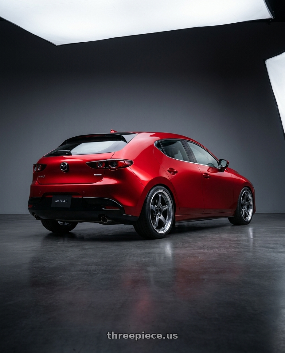 2025 Mazda 3 with Advan Racing GT BEYOND 5x112 19x8.5 +45 MACHINING & HYPER PLATINUM BLACK wheels rear three quarter view square tires