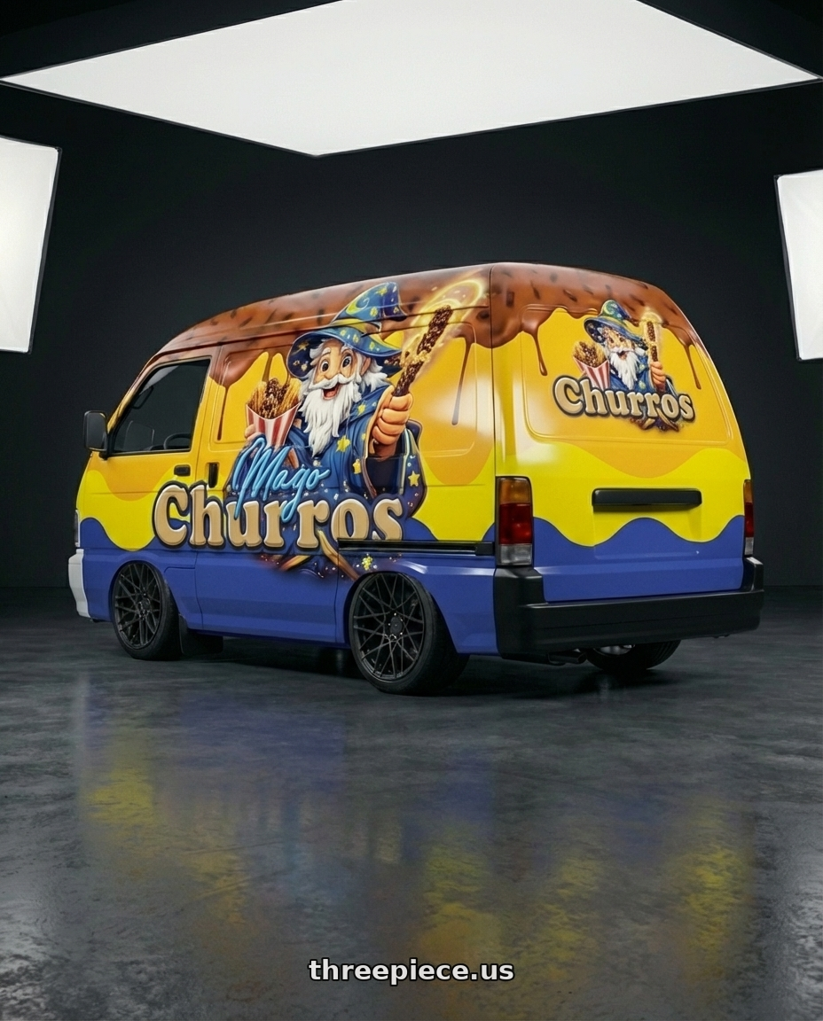 asia towner 1997 Cargo sem vidro parachoques pretos, 100% adesivada mago churros, atrás também toda envelopada with TSW NURBURGRING 5X114.3 17X7.5 +45 MATTE GUNMETAL wheels rear three quarter view square tires