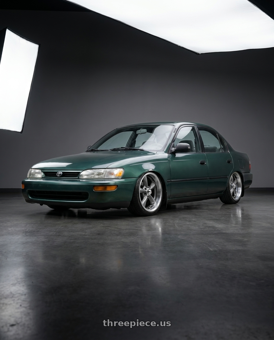 1998 Toyota corolla with BG Rod Works Old School 5x114.3 15x8+0 Gun Metal Machined Lip wheels