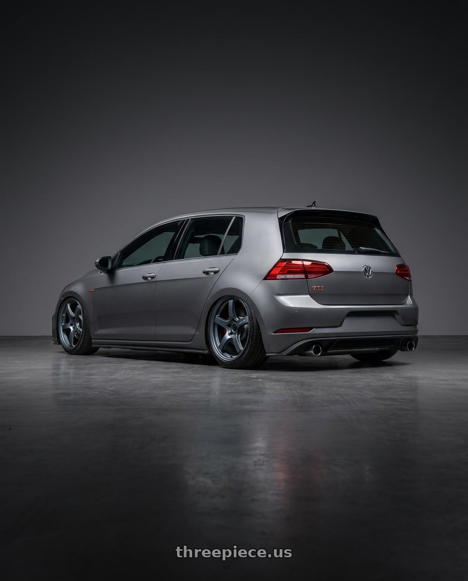 2019 Volkswagen GTI MK7 with Gram Lights 57CR 5x112 19x10.5+22 Gunblue II wheels rear three quarter view slight stretch tires