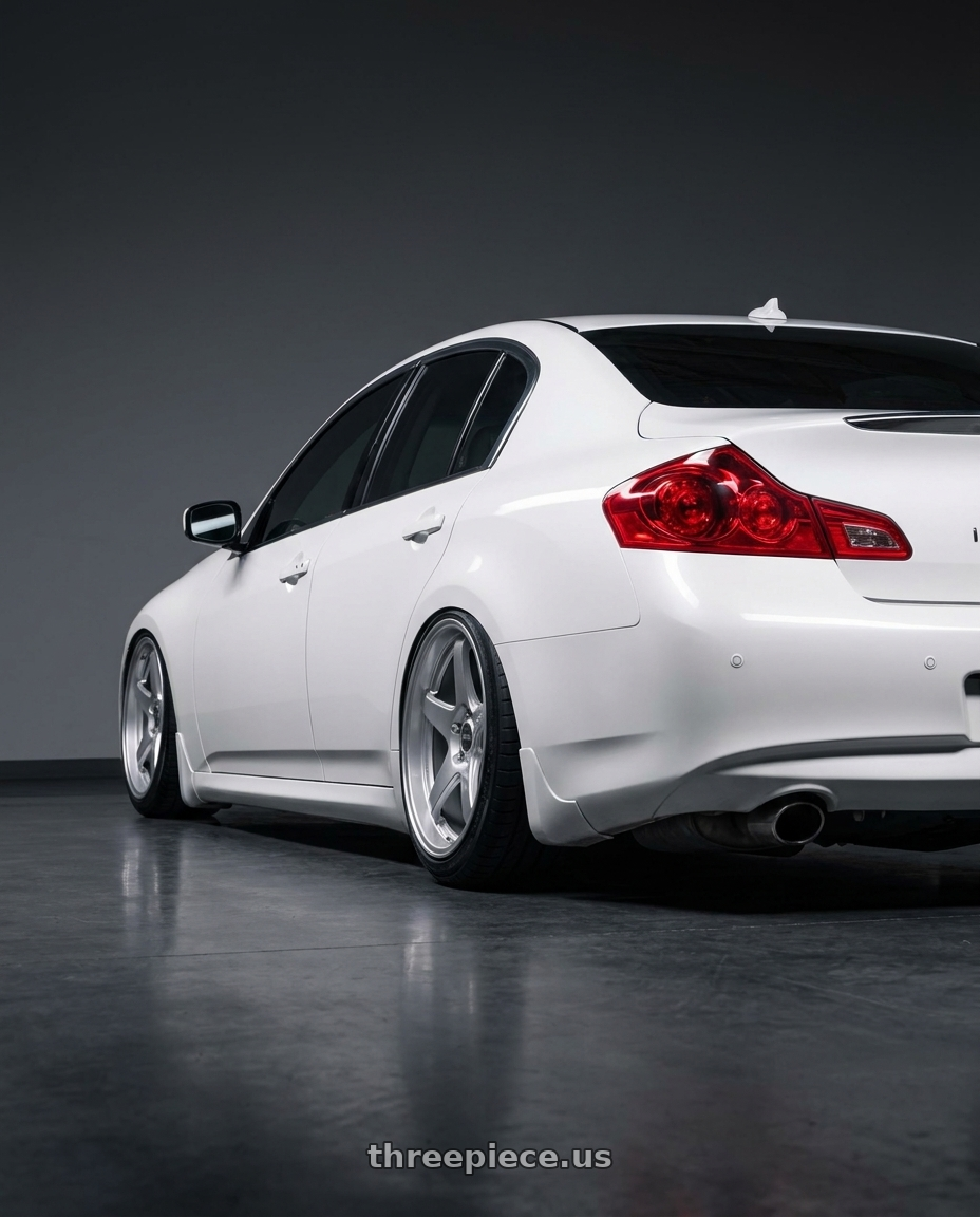 2012 Infiniti G37 with ESR Wheels APEX SERIES AP5 5x114.3 19x11 +22 Hyper Silver wheels rear three quarter view slight stretch tires