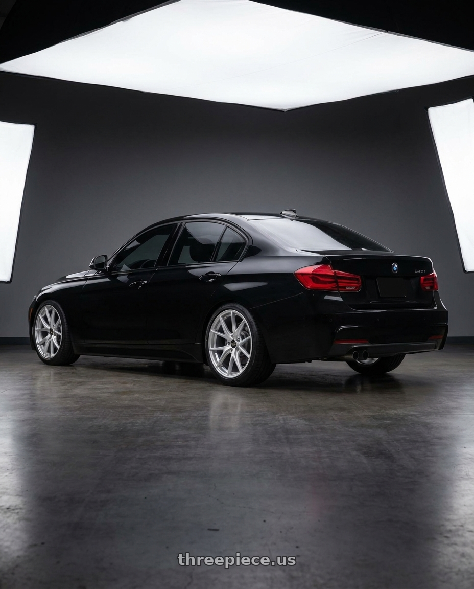 2018 BMW 340i with American Racing AR943 5X120 18X8 +35 HYPER SILVER wheels rear three quarter view square tires