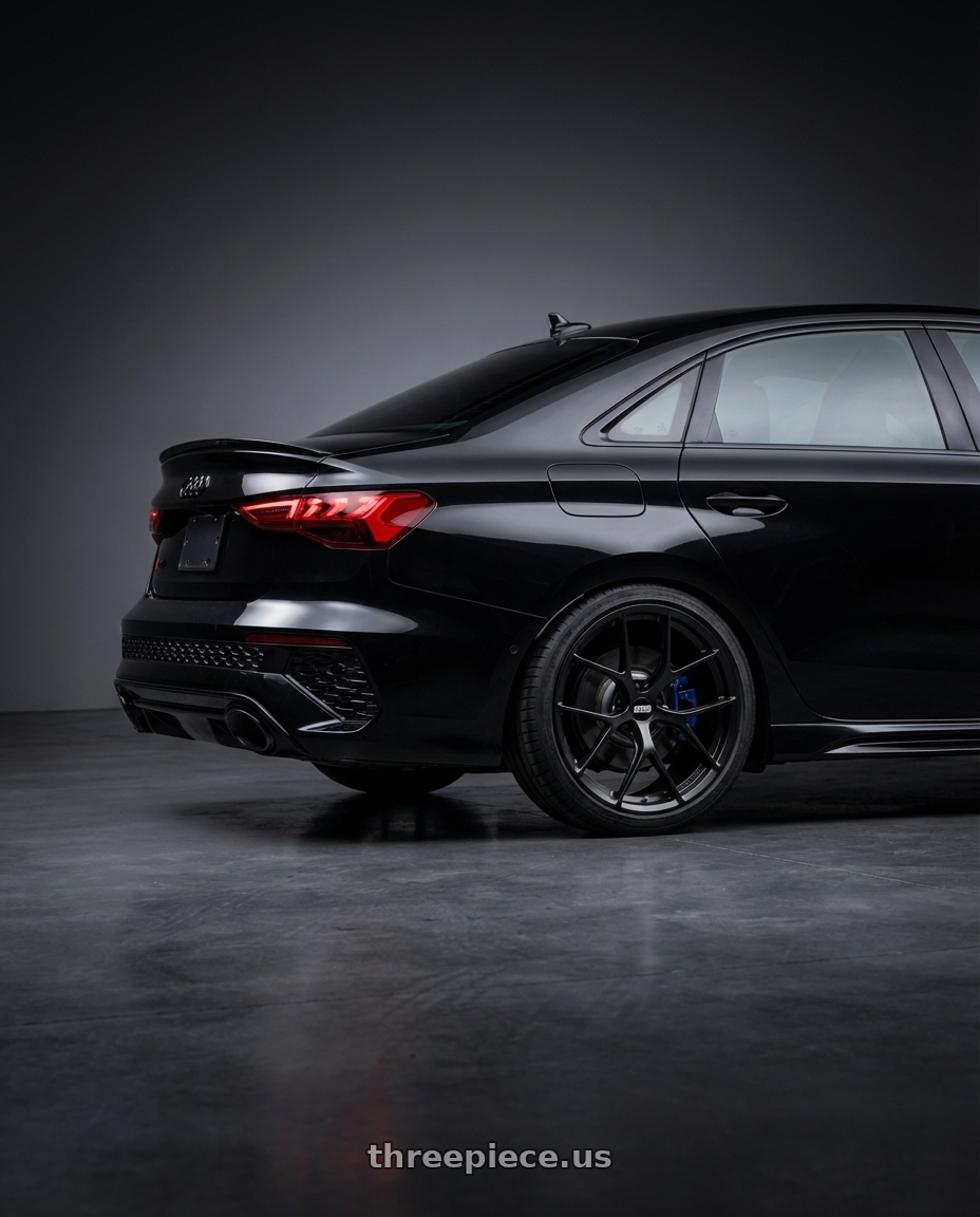 2022 Audi RS3 8Y with BBS FI-R Evo 5x112 19x9.5+15 Satin Black wheels rear three quarter view square tires