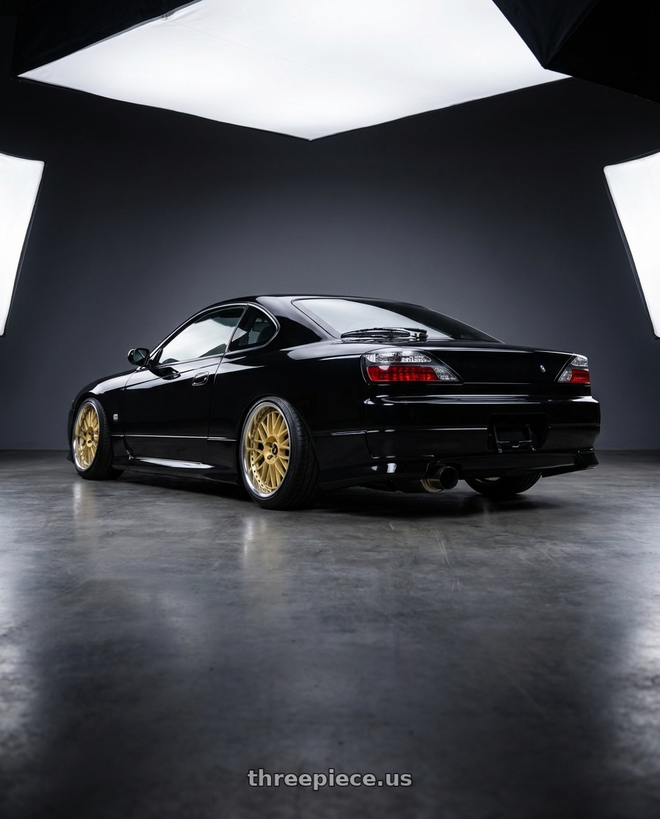 2000 Nissan Silvia S15 with Work Vs-Xx 5x114.3 18x9.5+35 T Disk Gold wheels rear three quarter view slight stretch tires