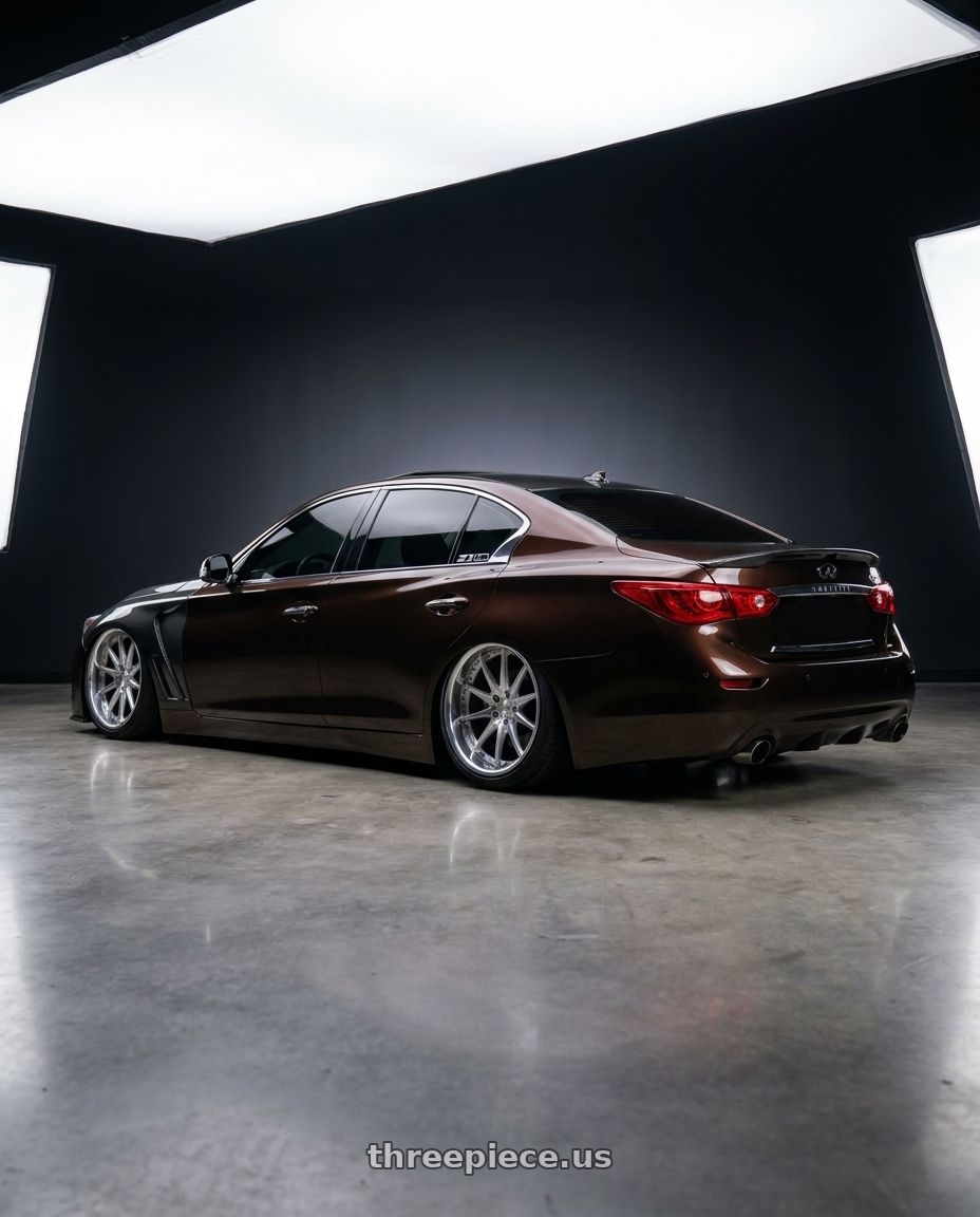 2017 Infiniti Q50 with Work Wheels VS-KF 5X114.3 19x8+46 Brilliant Silver Black O Disk FULL REVERSE wheels rear three quarter view extreme stretch tires