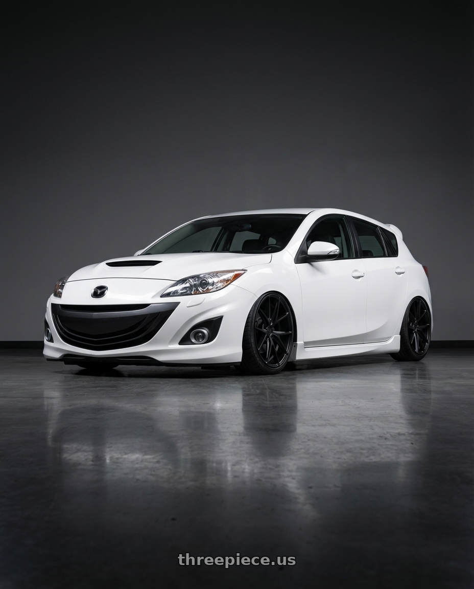 2012 Mazda Mazdaspeed3 with Niche 1PC M117 MISANO 5X114.3 18X8 +42 MATTE BLACK wheels front three quarter view stanced stance