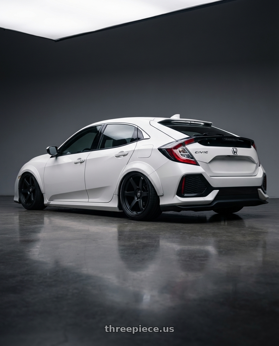 2019 Honda Civic with ESR Wheels APEX SERIES AP6 5x114.3 19x11 +22 Matte Black wheels rear three quarter view slight stretch tires