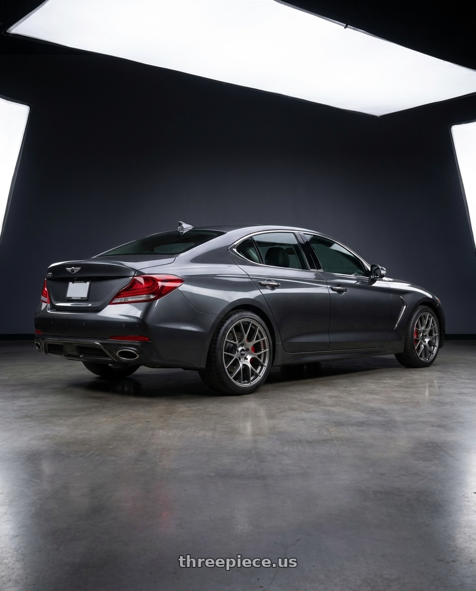 2019 Genesis G70 with Enkei Raijin 5x114.3 18x8+45 Titanium Gray wheels rear three quarter view square tires