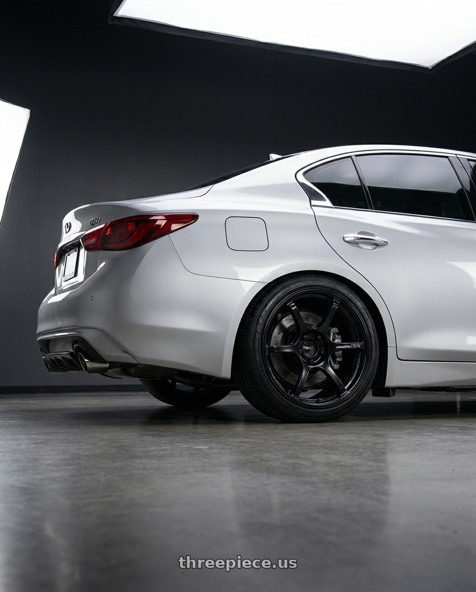 2021 infinity q50 with Advan Racing RG-4 5x112 18x8.5 +45 SEMI GLOSS BLACK wheels rear three quarter view square tires