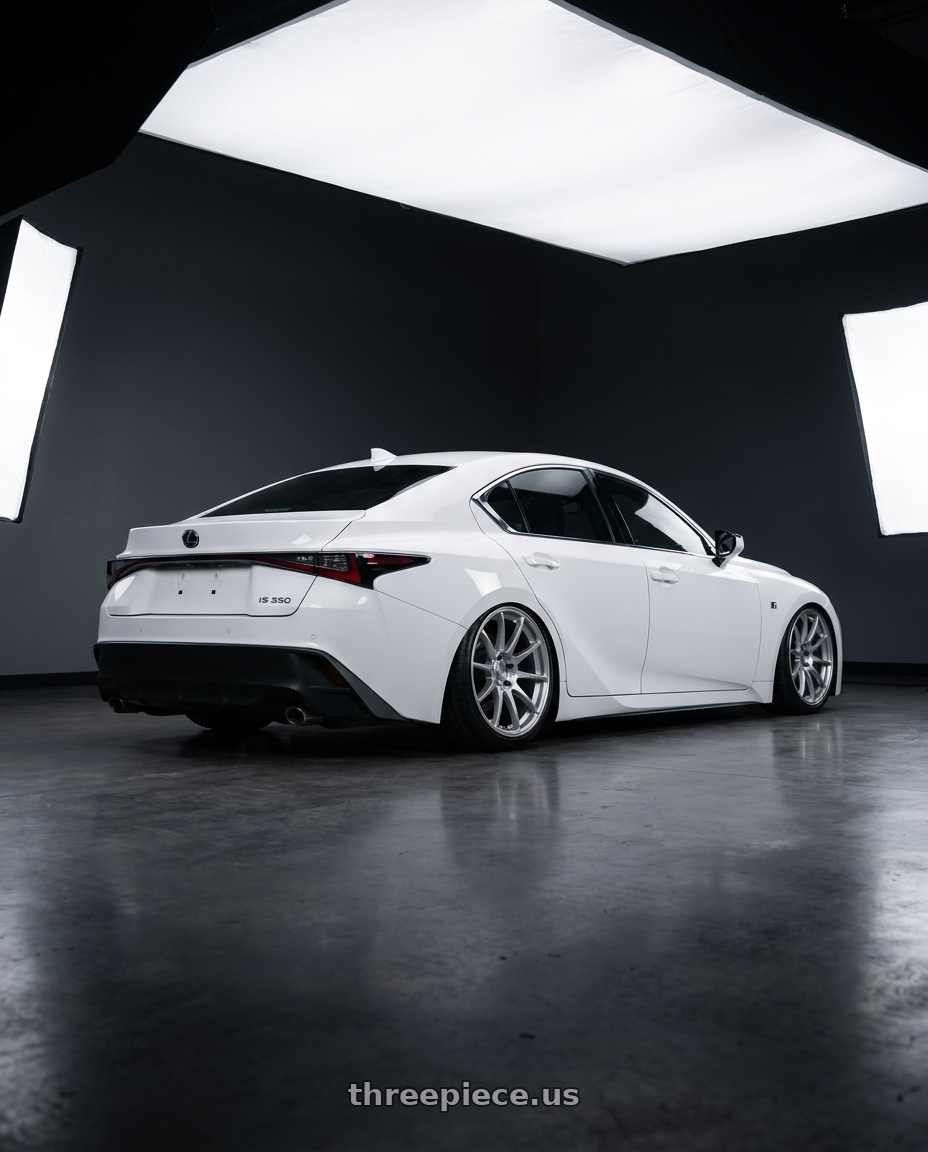 2024 Lexus IS 350 with Ssr Gtv02 5x114.3 19x8.5+38  GLARE SILVER wheels rear three quarter view slight stretch tires