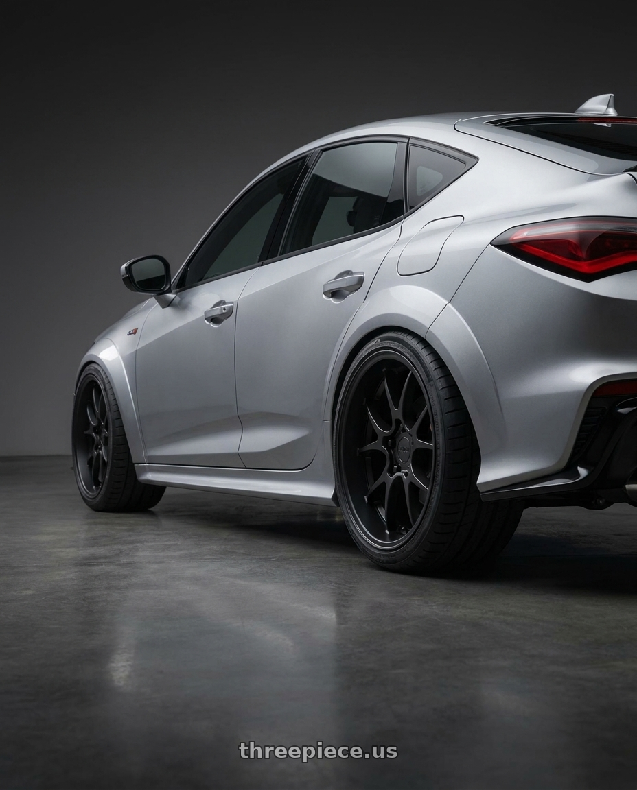 2025 Acura Integra Type S with Rotiform 207 5x120 19x10.5 +35 MATTE BLACK wheels rear three quarter view square tires