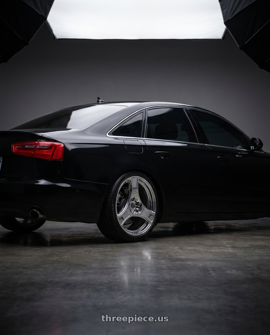 2013 Audi A6 with HERITAGE WHEEL BUSHIDO MONOC 5x100 18x9.5 +12 CHROME wheels rear three quarter view square tires