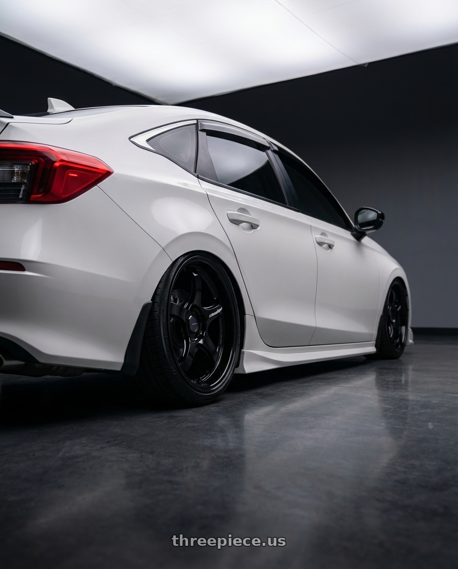 2024 Honda civic touring platinum white pearl  with WedsSport RN-05M 5x114.3 18x9.5+22 Gloss Black wheels rear three quarter view slight stretch tires