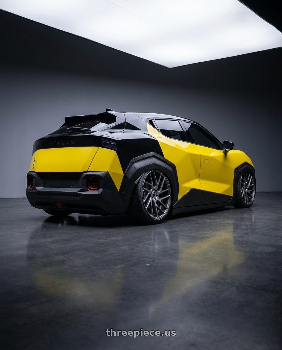 2027 Nissan Juke with Status JUGGERNAUT 6X114.3 20X9 +15 CARBON GRAPHITE wheels rear three quarter view slight stretch tires