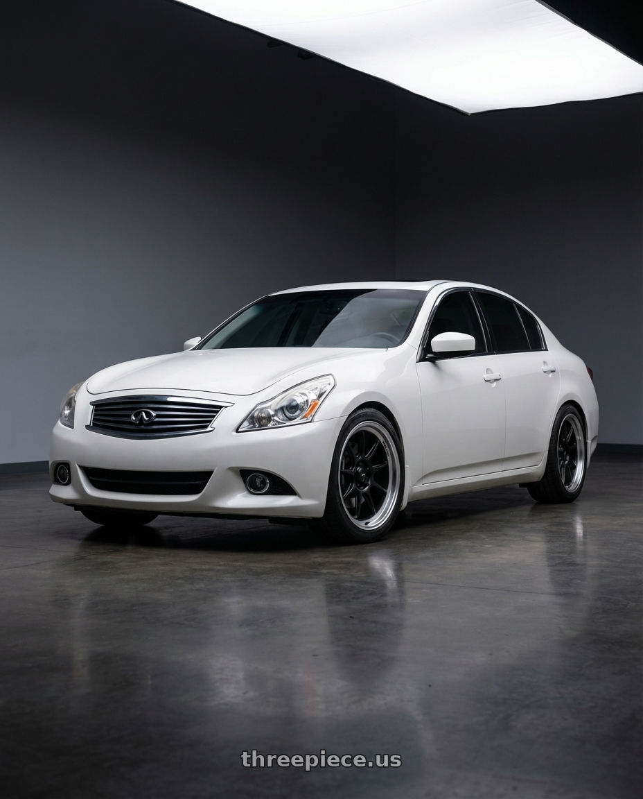 2012 Infiniti G37 with Konig Countergram 5x114.3 19x9.5+25 Matte Black / Matte Machined Lip wheels front three quarter view lowered stance