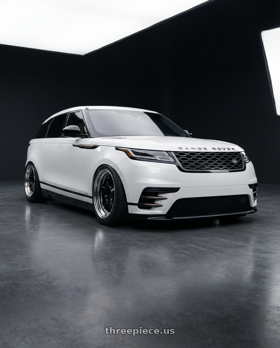2018 Range Rover velar white  with Work Meister S1 3P 5x100 18x7+48 A Disk Black wheels front three quarter view stanced stance