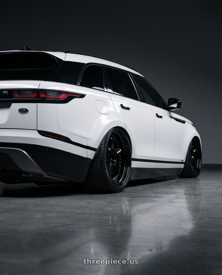 2018 Range Rover velar white  with Work Meister S1 3P 5x100 18x7+48 A Disk Black wheels rear three quarter view meaty tires