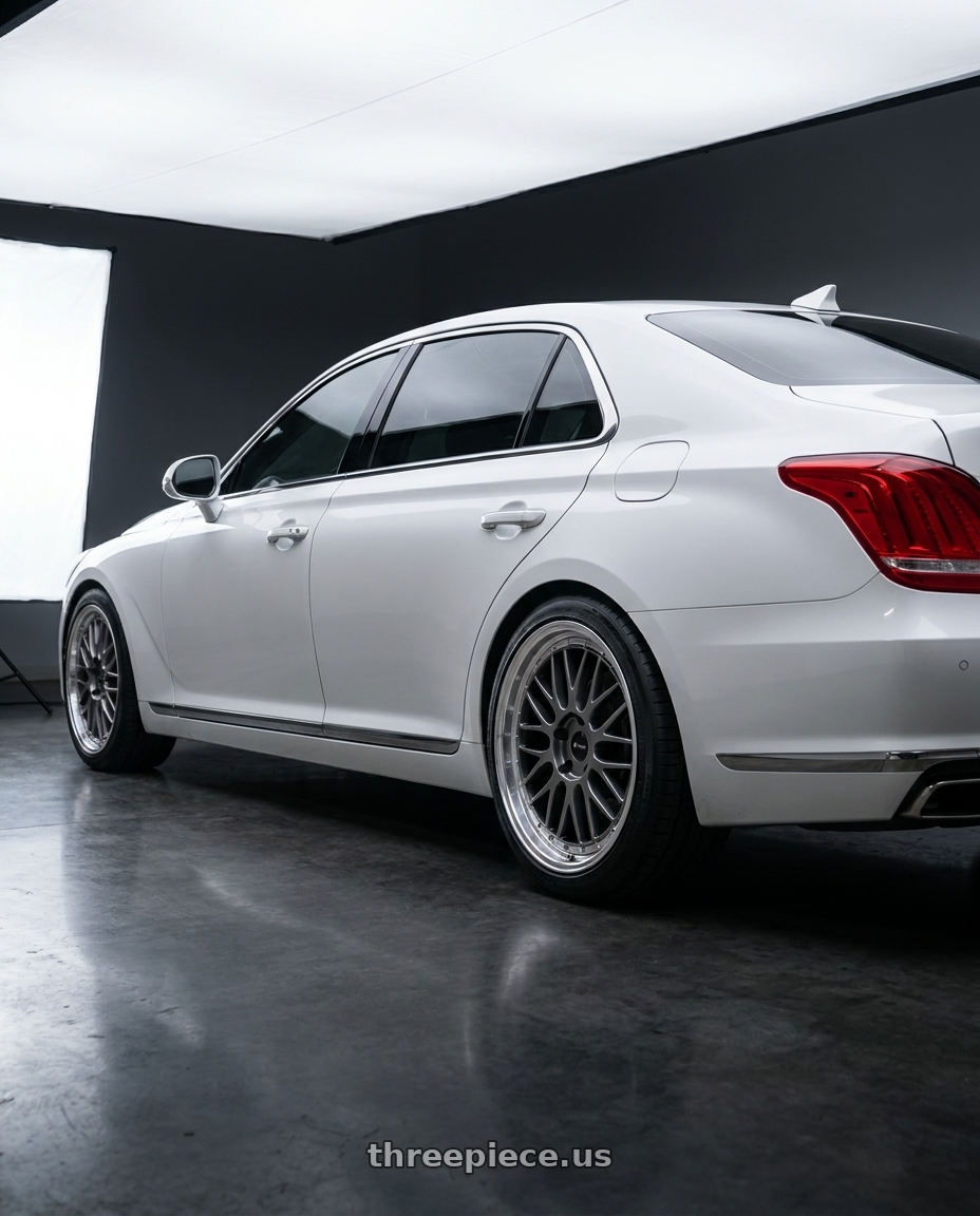 2018 genesis g90 ultimate with Vors VR8 5x114.3 20x9.5  +35 Hyper Black Machine Lip Chrome Rivet wheels rear three quarter view square tires