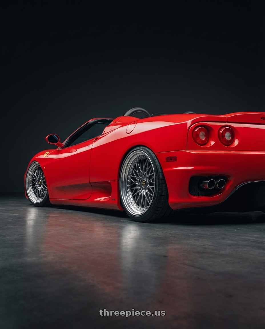 2004 Ferrari 360 Modena Spider with Work Vs-Xv 5x100 18x7+28 A Disk Brilliant Silver Black wheels rear three quarter view square tires