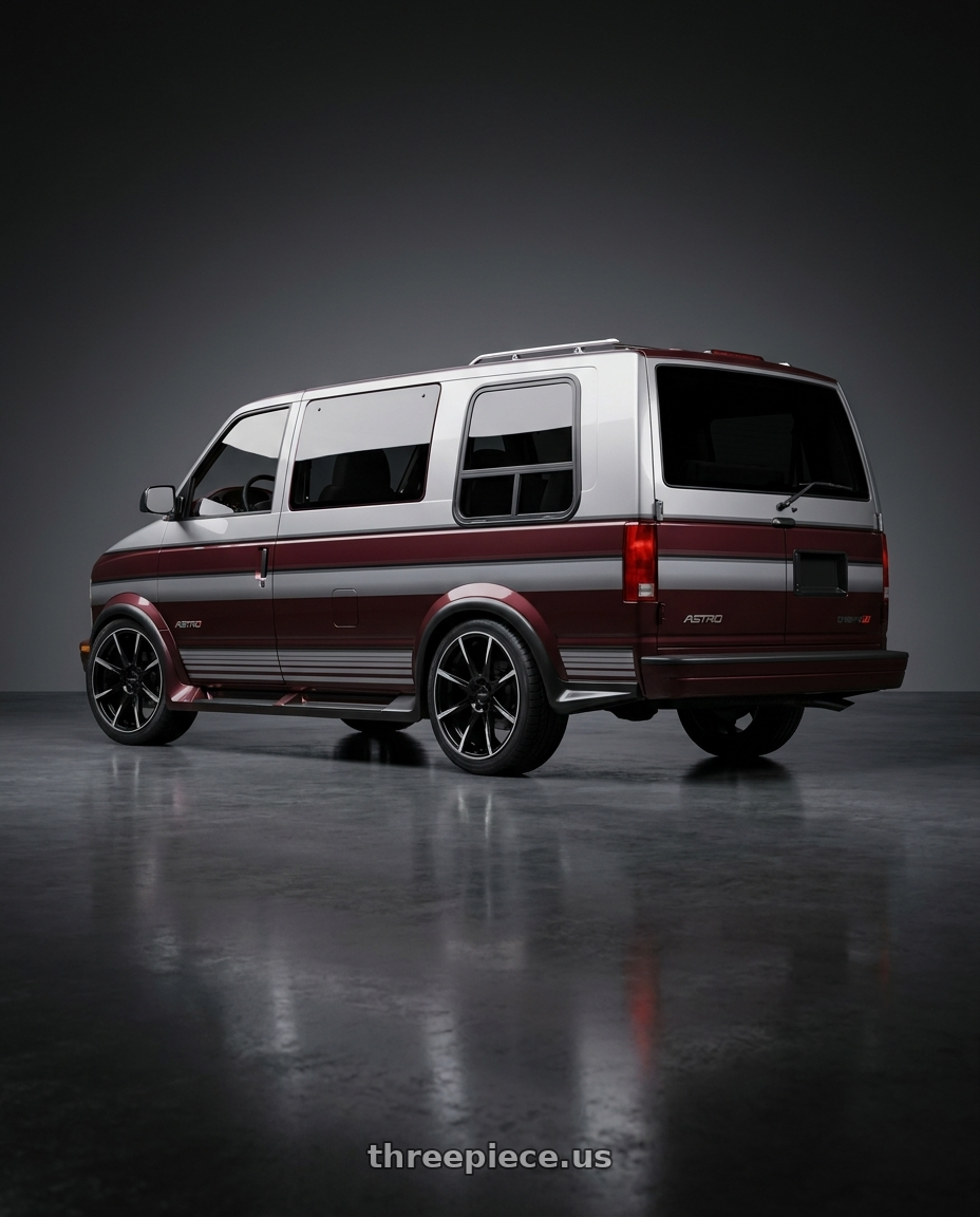 1996 chevy ASTRO van with RAVETTI M9 4X100/4X114.3 17x7.5 +40 BLACK MACHINED wheels rear three quarter view square tires