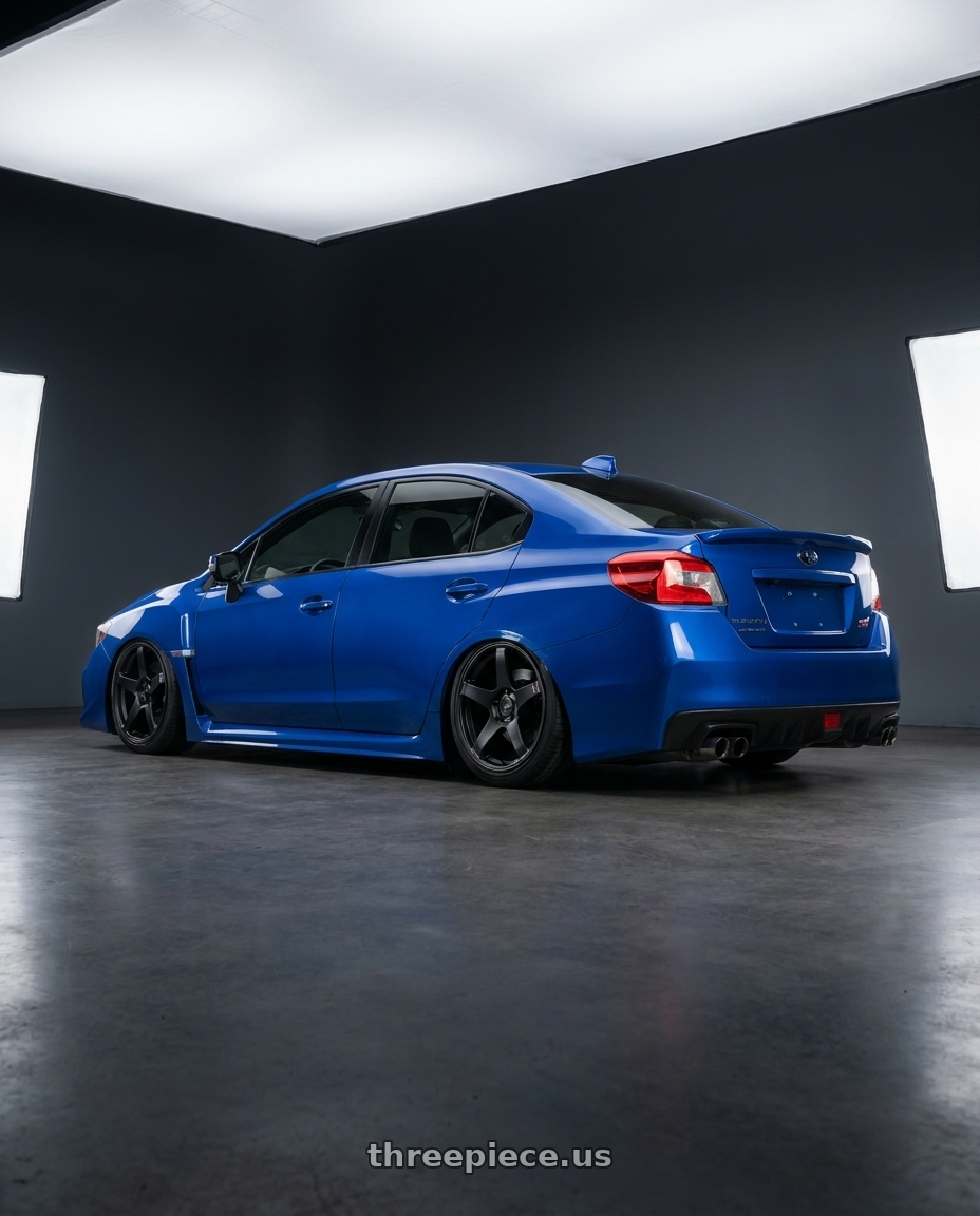 2018 Subaru WRX STI with Ssr Gtv01 5x114.3 18x8.5+40  FLAT BLACK wheels rear three quarter view slight stretch tires