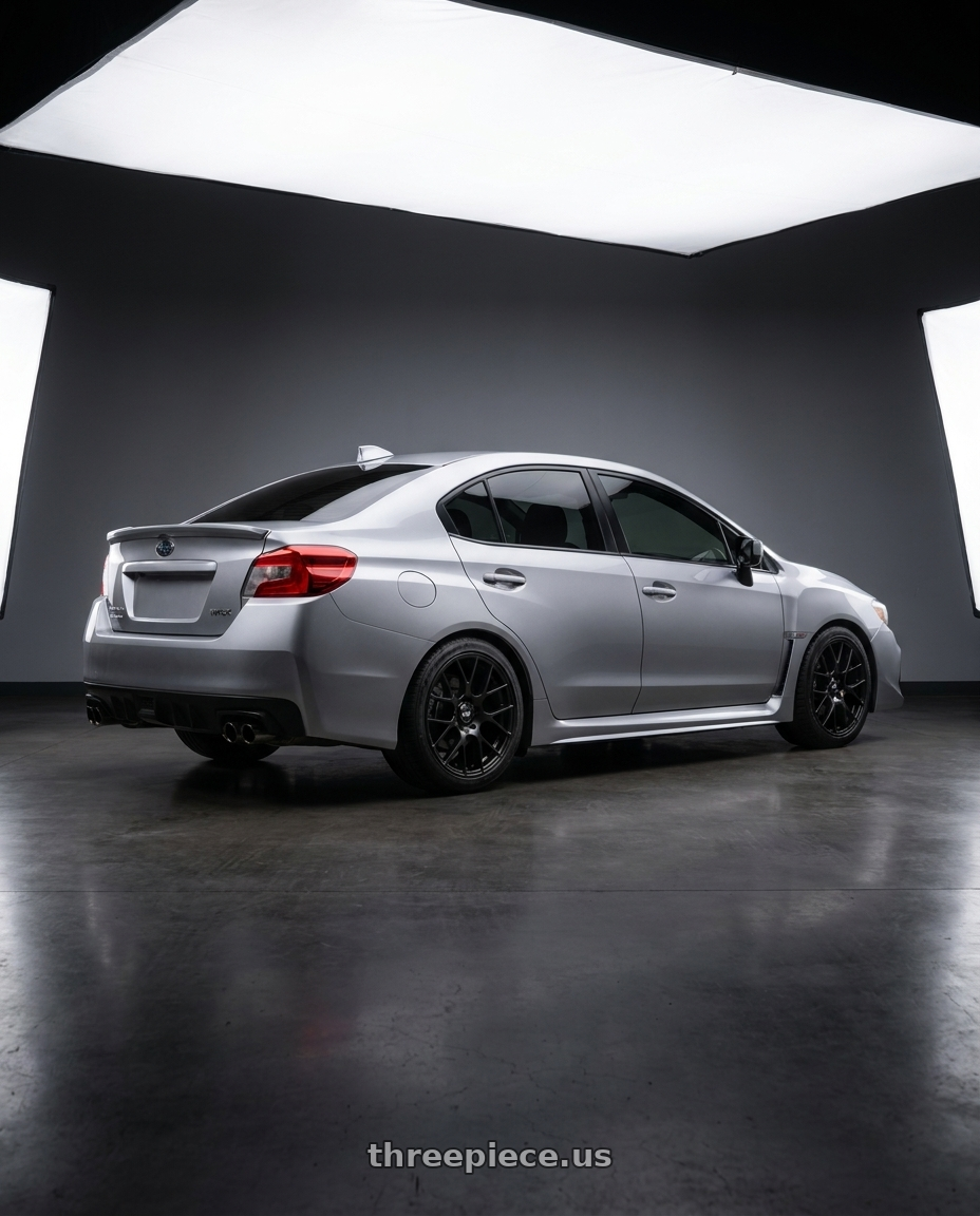 2018 Subaru WRX base with Enkei Raijin 5x100 18x8.5+45 Black wheels rear three quarter view square tires