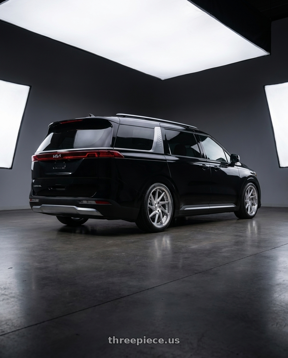 2025 Kia carnival with Work Gnosis Cvs 5x114.3 22x9+45 H Disk Brush Silver Clear wheels rear three quarter view slight stretch tires