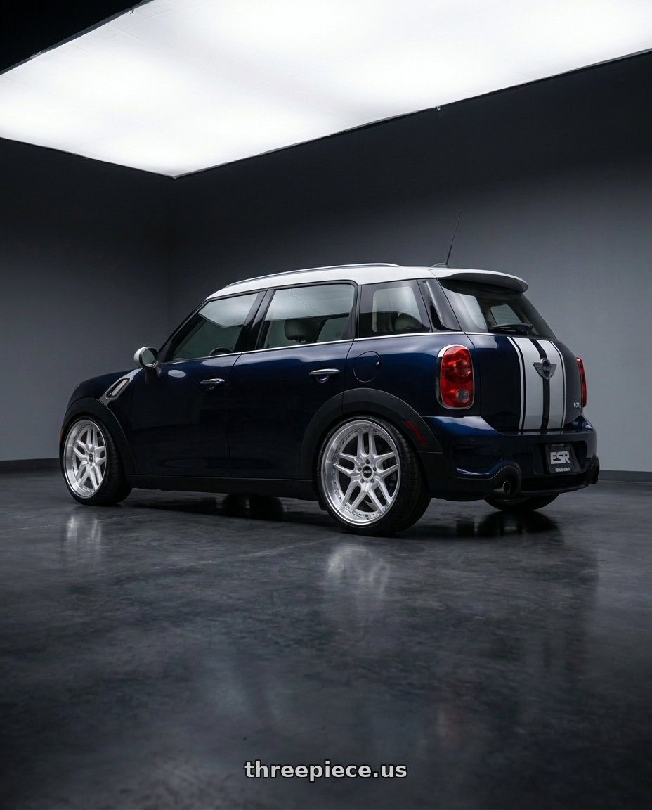 2012 Mini Countryman with ESR Wheels CS SERIES CS15 5x108 19x10.5 +15 Hyper Silver wheels rear three quarter view slight stretch tires