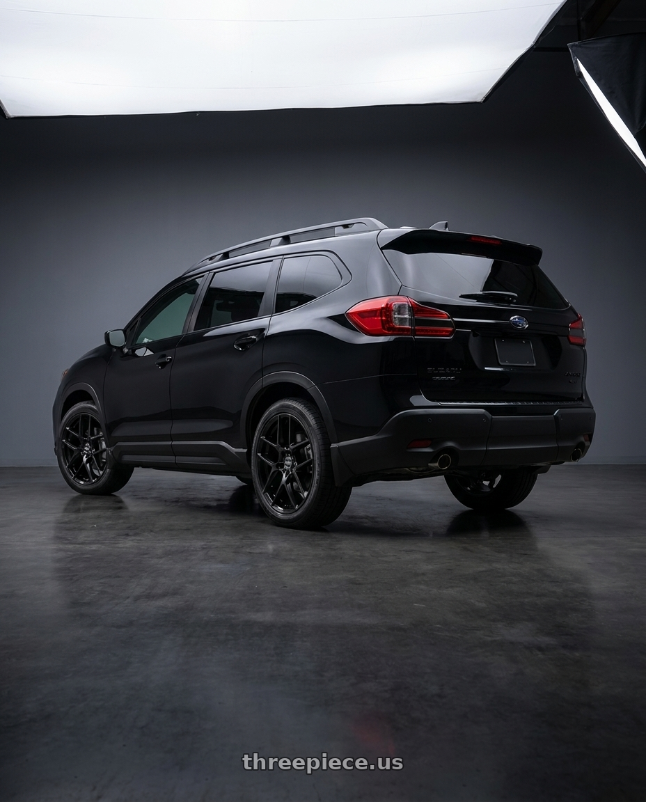 2025 Subaru Ascent Onyx Touring Crystal Black Silica with Motiv 435B Foil 5x114.3/5X120 20x8.5 +40 Gloss Black wheels rear three quarter view square tires