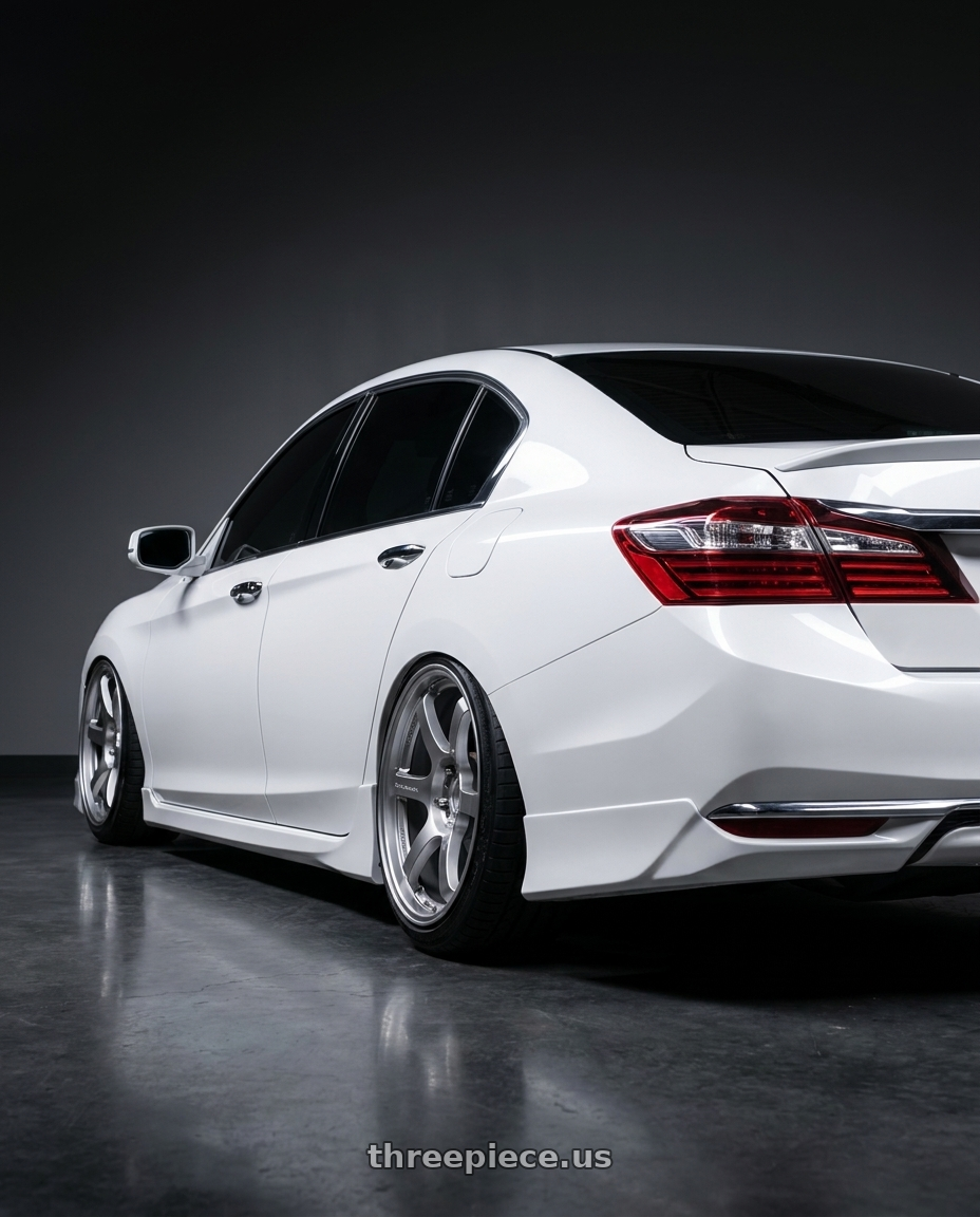 2016 Honda accord with Gram Lights 57DR 5x114.3 18x9.5+38 Grace Silver wheels rear three quarter view slight stretch tires