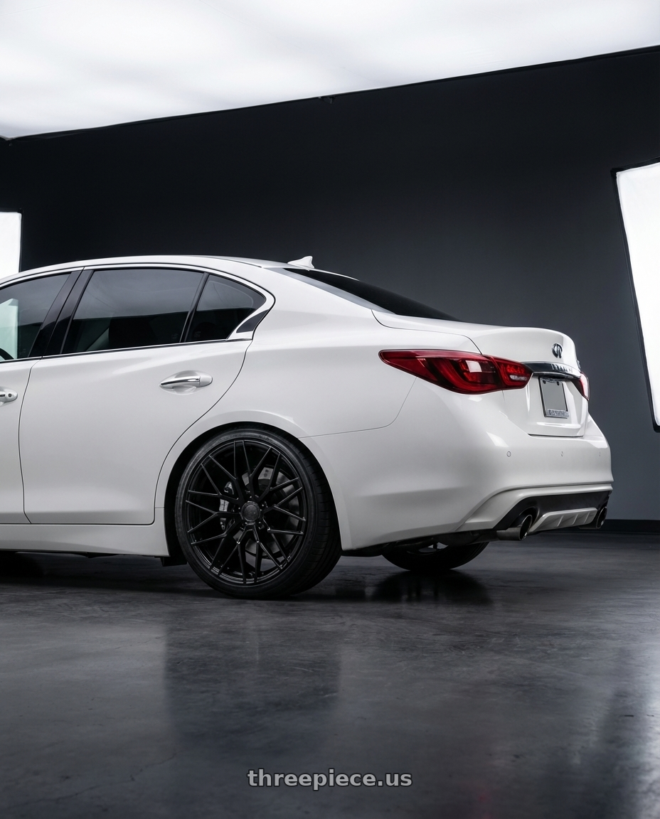 2020 Infiniti Q50 with Avant Garde Wheels M520R 5X114.3 19x9.5 +40 Gloss Black wheels rear three quarter view square tires