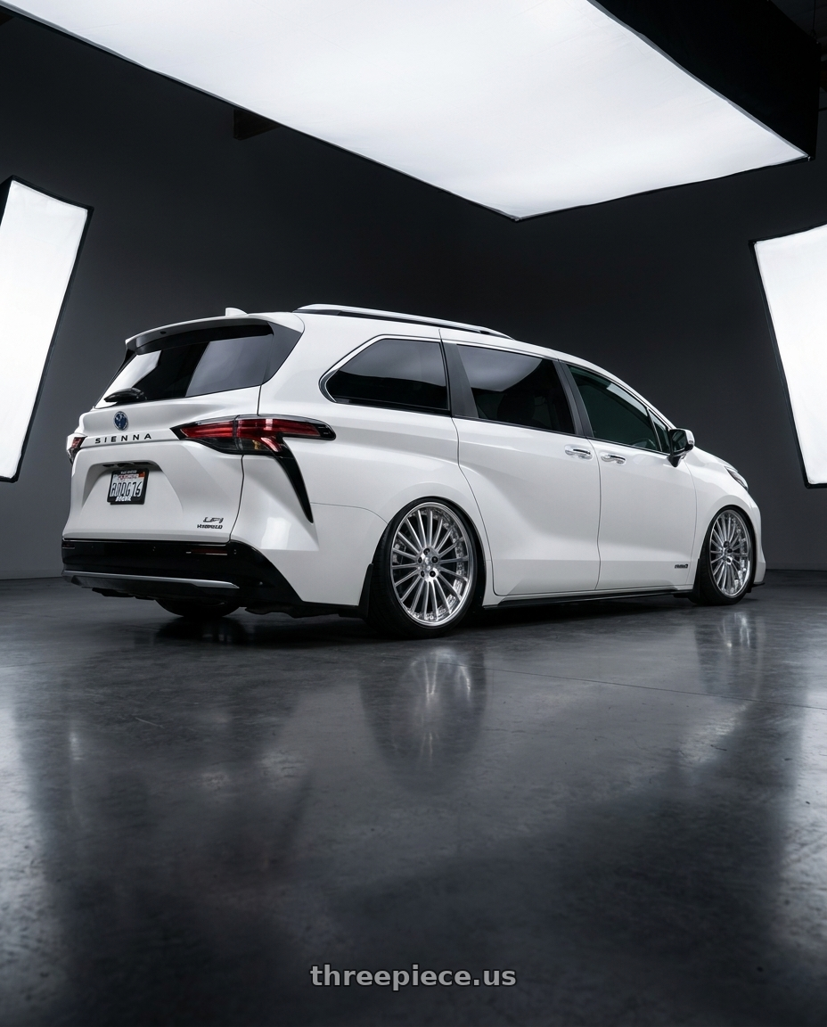 2021 Toyota Sienna Limited with Work Lanvec Lf1 5x114.3 20x8+38 O Disk Machine Silver Polish wheels rear three quarter view square tires