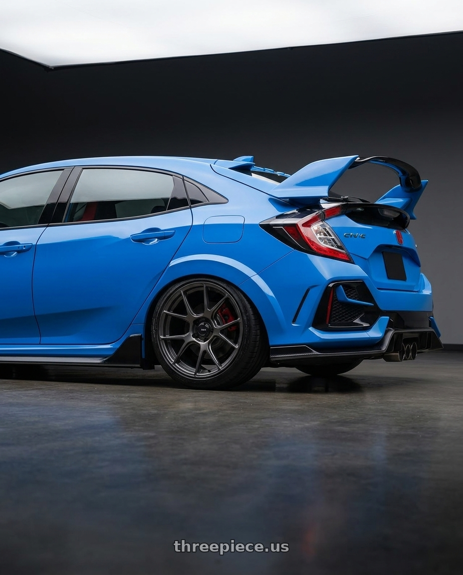 2020 Honda Civic Type R with Konig Ampliform 5x120 19x8.5+32 Dark Metallic Graphite wheels rear three quarter view slight stretch tires