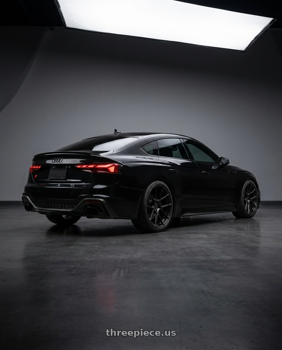 2022 Audi RS5 with Avant Garde Wheels M510 5X112 20x8.5 +32 Matte Black wheels rear three quarter view square tires