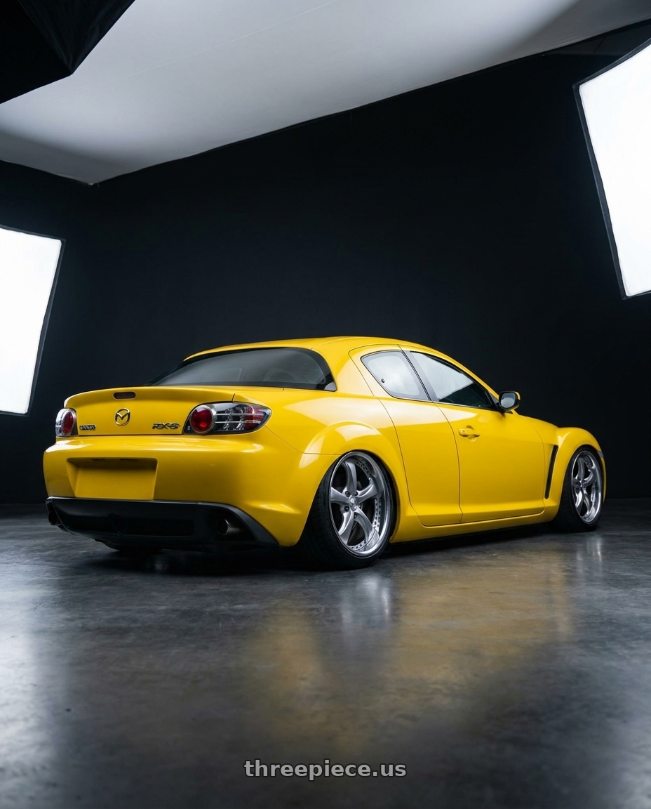 2008 mazda rx8 with Work Wheels VS-KF 5X114.3 19x7.5+34 Brilliant Silver Black A Disk FULL REVERSE wheels rear three quarter view slight stretch tires