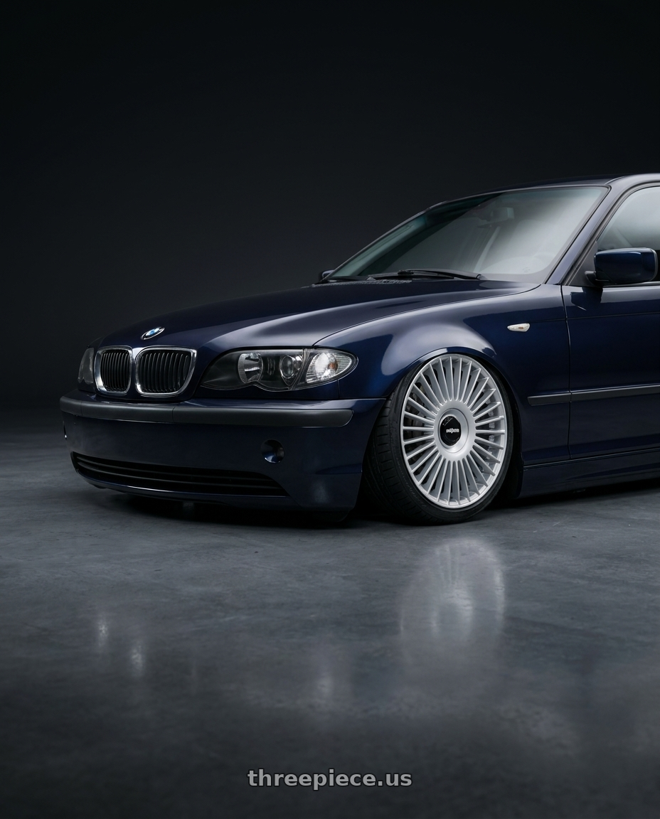2003 bmw 318i dark blue with Rotiform RC202 GRZ BLANK 17x8 +35 GLOSS SILVER wheels