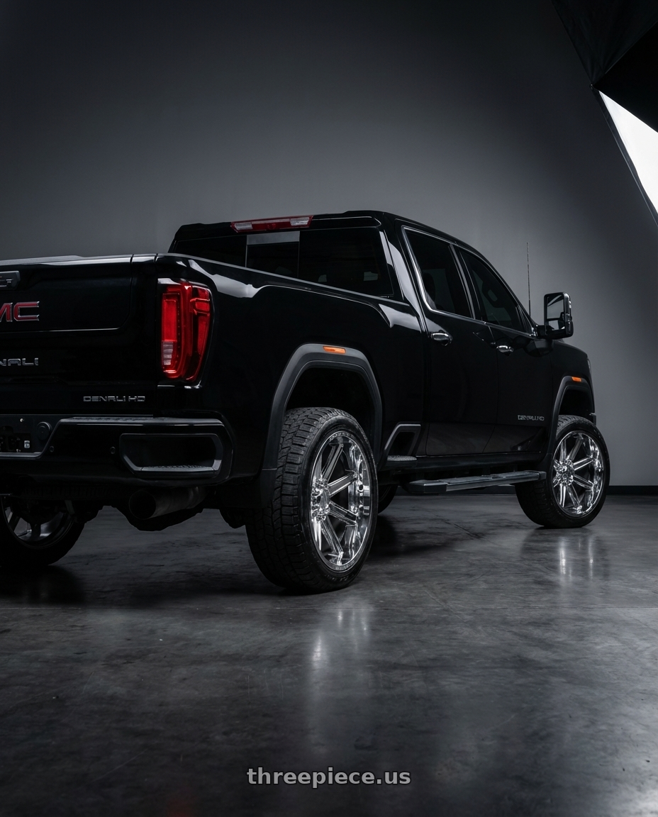 2020 gmc seirra 2500 hd duramax denali with Axe ARTEMIS 8x180 22X12 -44 CHROME wheels rear three quarter view square tires