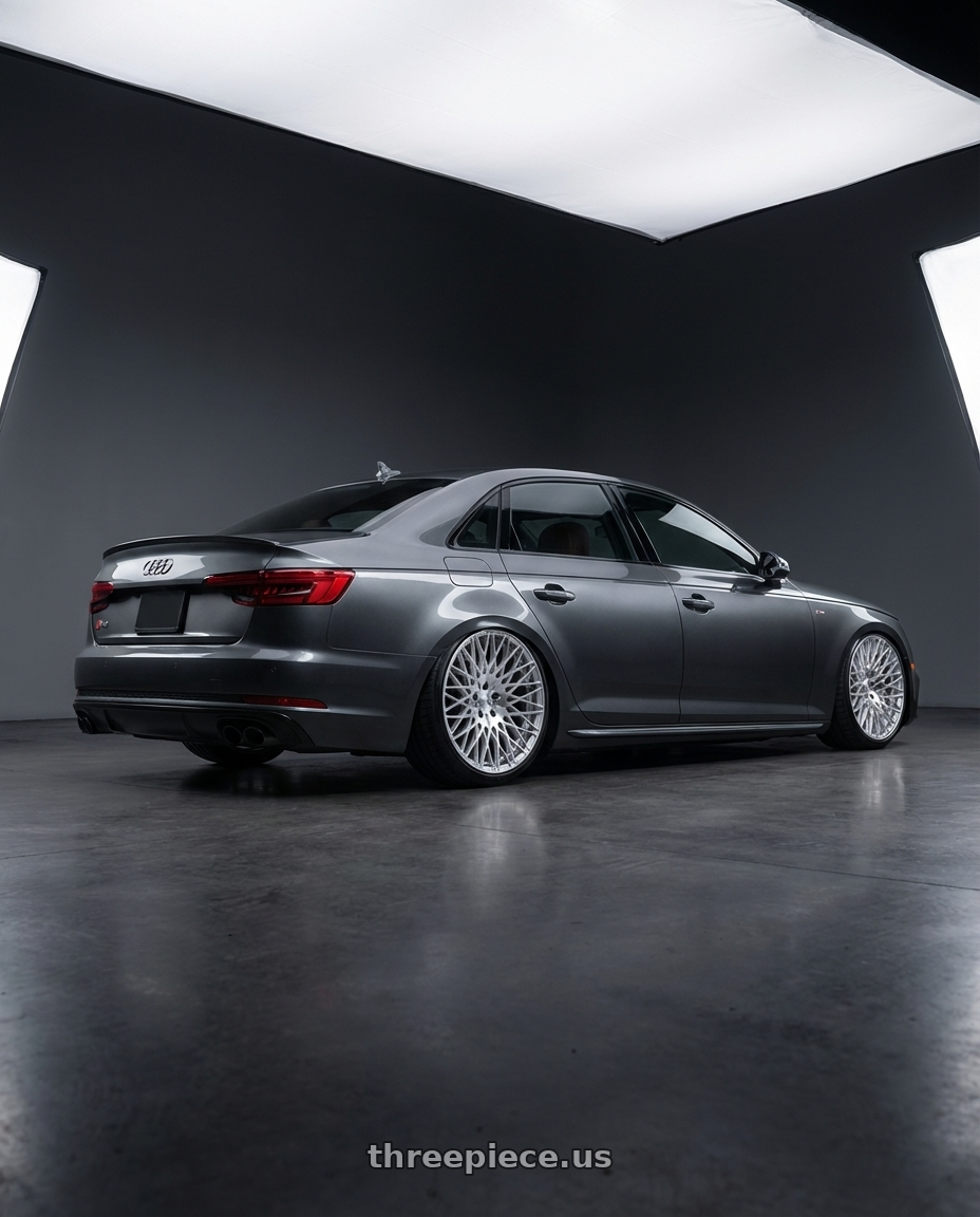 2023 Audi S4 B9 with Avant Garde Wheels M540 5X112 20x9 +32 Silver Machined wheels rear three quarter view slight stretch tires