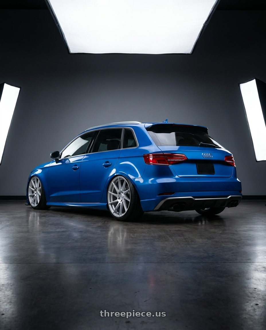 2019 Audi S3 8V with Aodhan AH09 5x112 18x9.5 +35 Gloss Silver Machined Face wheels rear three quarter view slight stretch tires