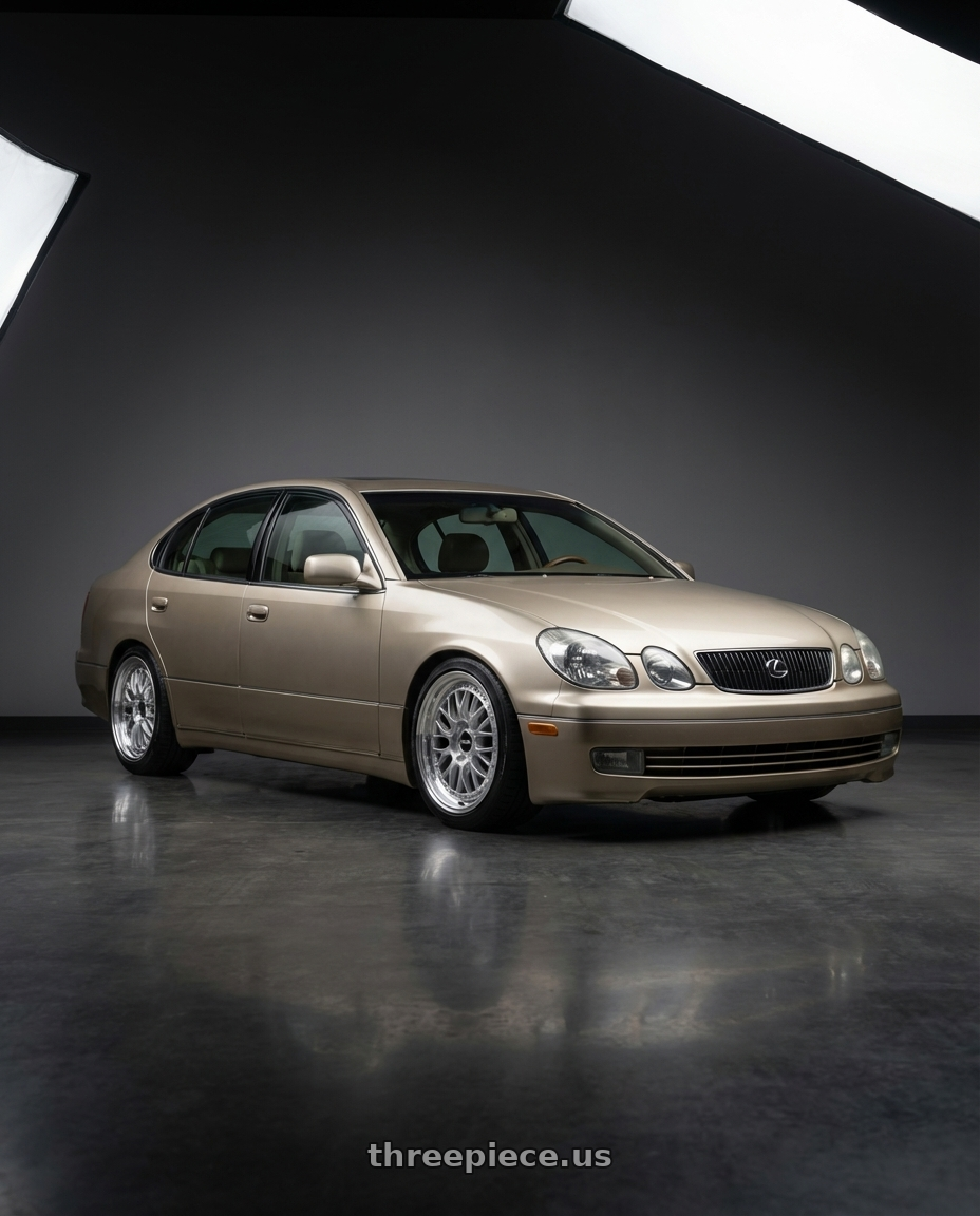 2000 lexus gs300 with Rotiform 1PC R155 LSR 5X100 18X9.5 +25 GLOSS SILVER MACHINED wheels front three quarter view lowered stance