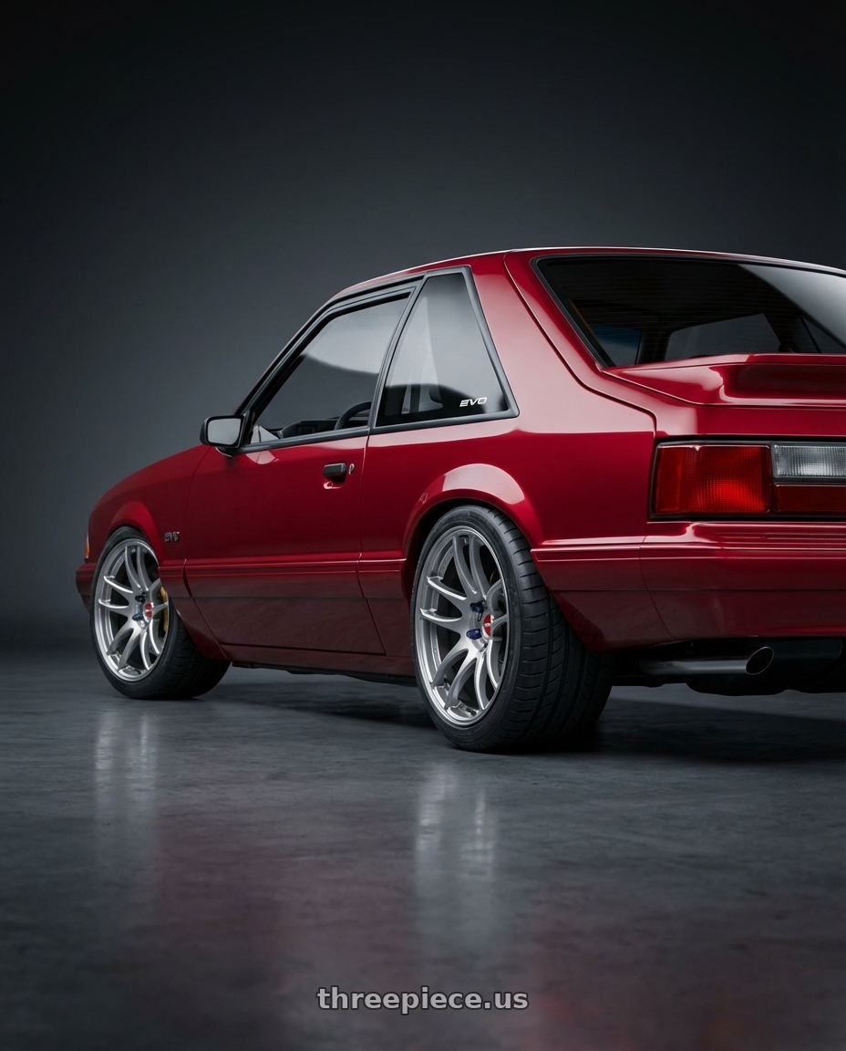 1988 Ford Mustang LX with Work Emotion Cr Kiwami 5x100 18x9.5 +0 Gt Silver wheels rear three quarter view square tires