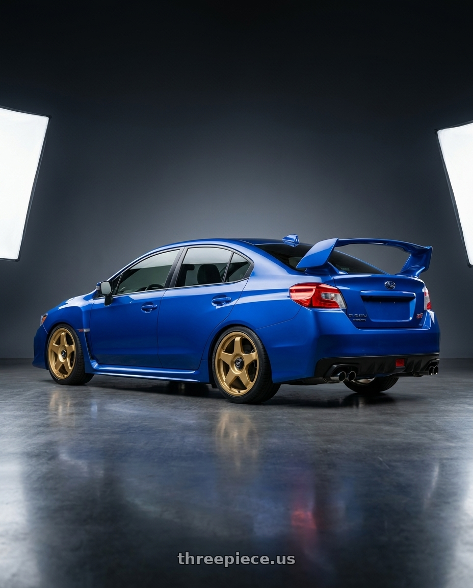 2018 Subaru WRX STI with fifteen52 CHICANE 5x114.3 / 5x100 18x8.5 +35 GOLD (GLOSS GOLD) wheels rear three quarter view square tires