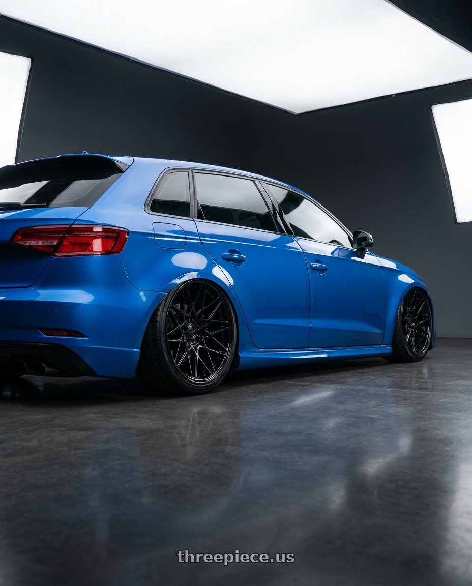 2019 Audi S3 8V with Avant Garde Wheels M520R 5X112 19x8.5 +35 Gloss Black wheels rear three quarter view slight stretch tires