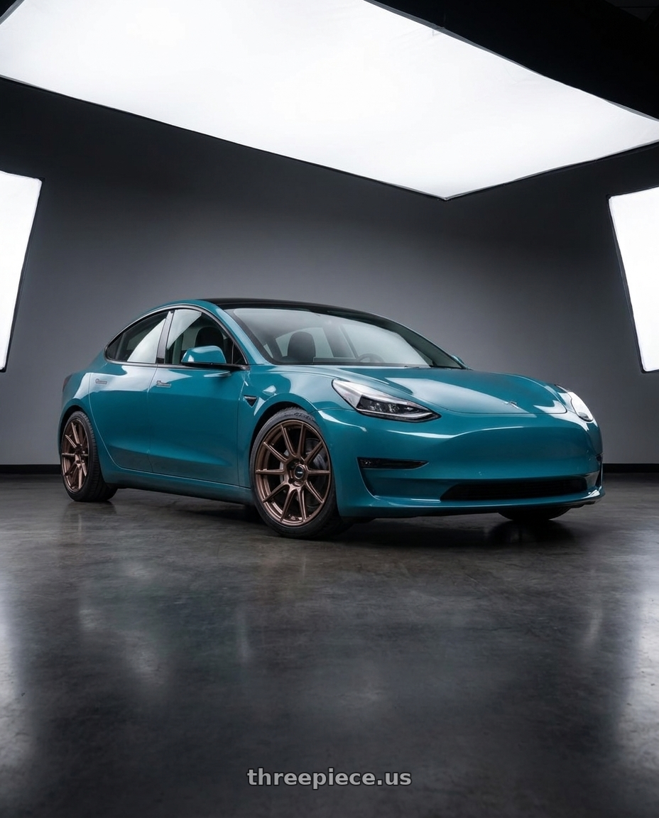 2022 Tesla Model 3 base teal with Enkei TS10 5x114.3 18x9.5+35 Dia Copper wheels