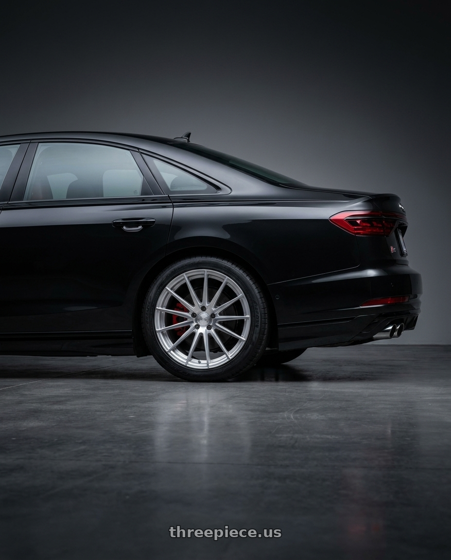 2026 Audi S8 with Avant Garde KRAFT 5x112 22x9 +30 Silver Machined wheels rear three quarter view square tires